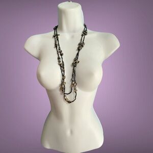 Black Seed Beads & Natural Shell Long Necklace